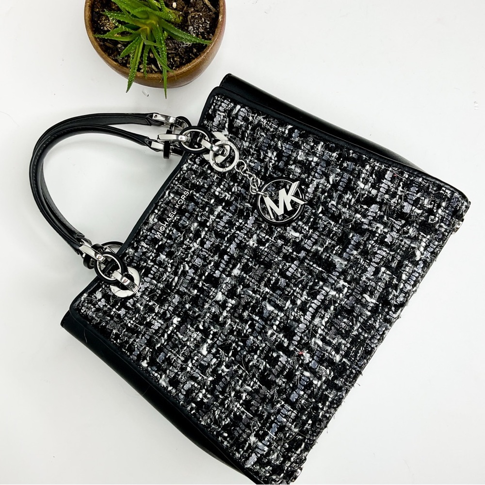 Michael Kors Black Tweed Leather Tote Crossbody Bag